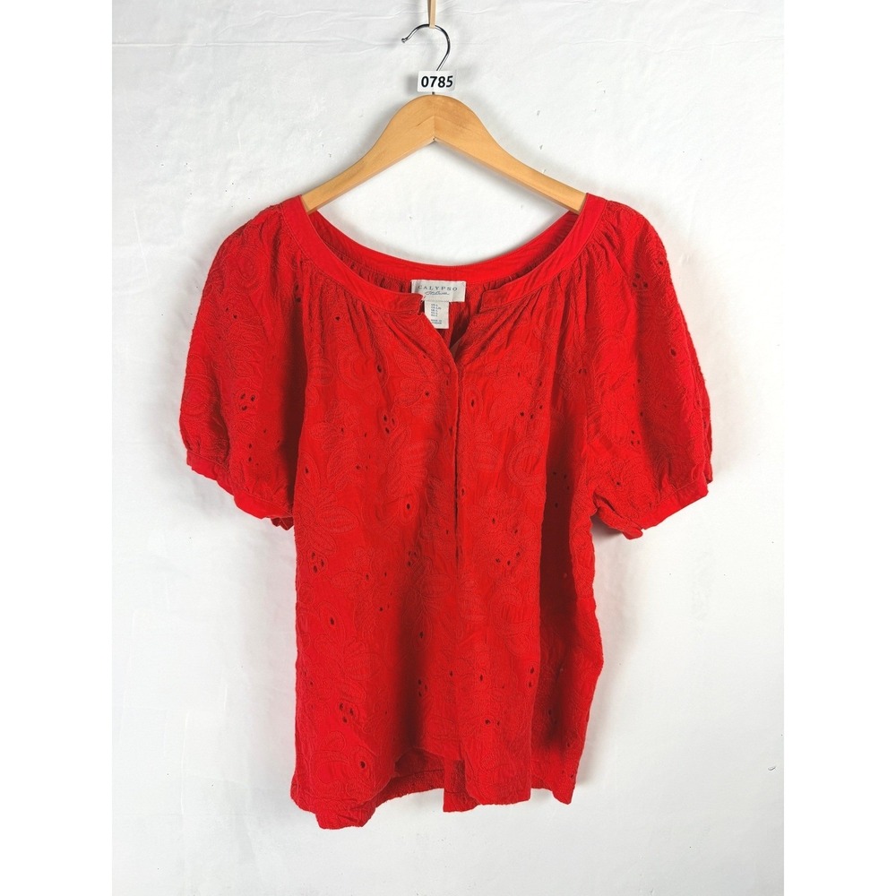 2/$30 Calypso St. Barth Red Eyelet Embroidered Puff Sleeve Top Large